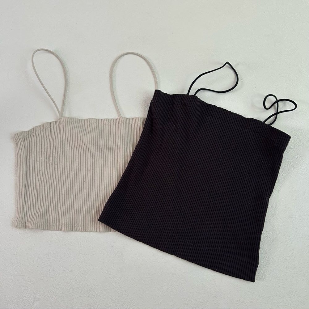 H&M& American Eagle Ribbed Crop Top Bundle Beige & Black Spaghetti Strap Size S